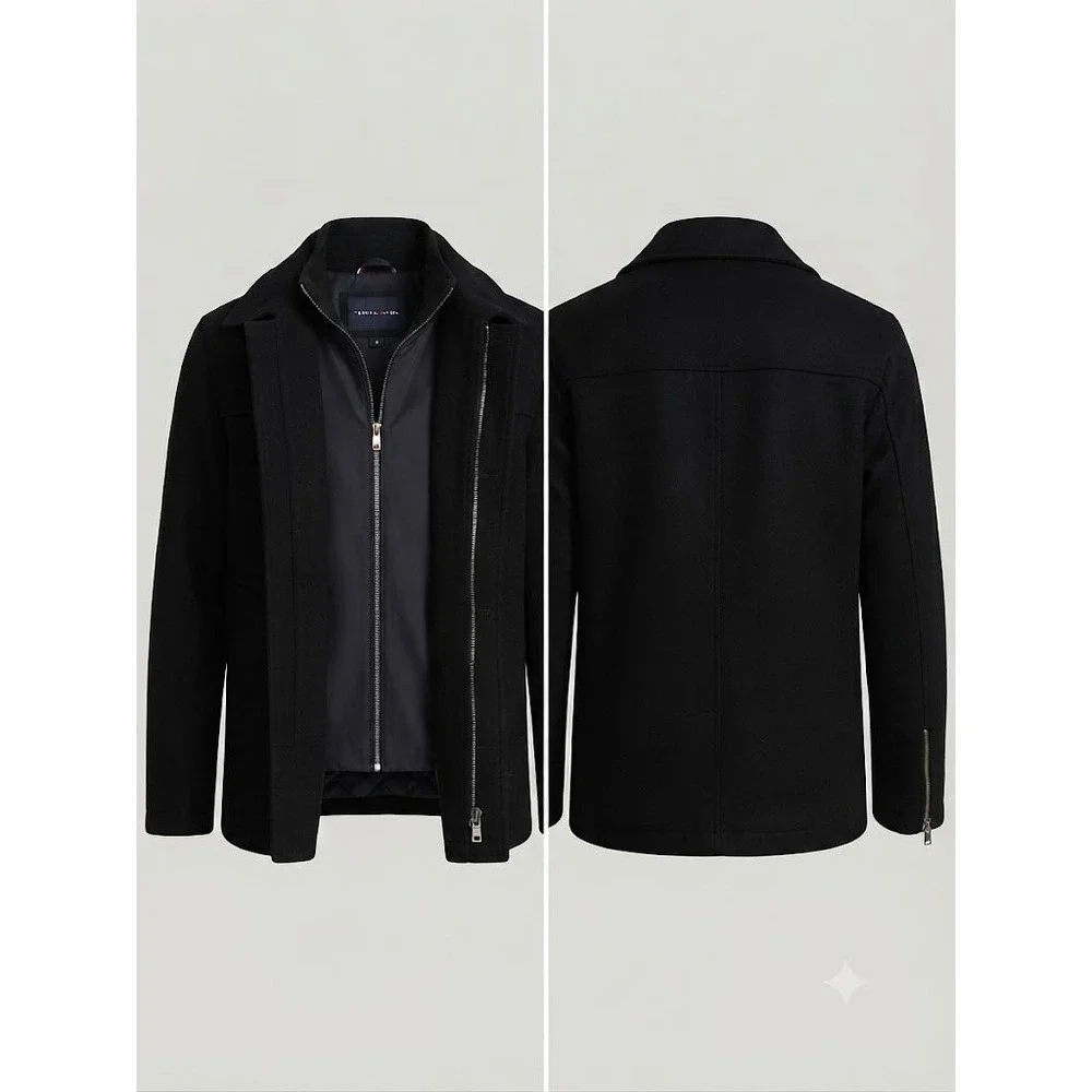 Tommy Hilfiger Jacket Mens Small Black Wool Blend Quilted Bib Zip Up Peacoat